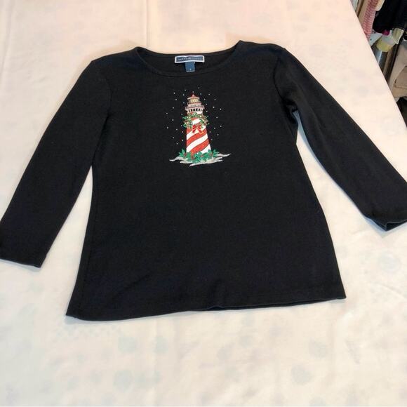 Karen Scott Black Christmas Lighthouse Top Long Sleeve Round Neck T Shirt Style - Picture 6 of 16